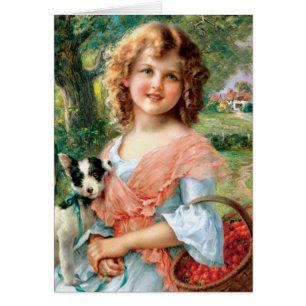 Cartão Menina do vintage com filhote de cachorro