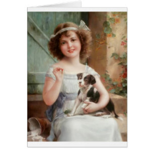 Cartão Menina do vintage & seu filhote de cachorro