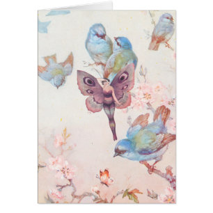 Cartão Menina e Bluebirds feericamente violetas