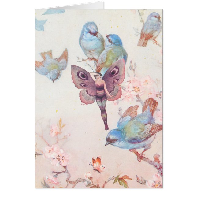 Cartão Menina e Bluebirds feericamente violetas (Frente)