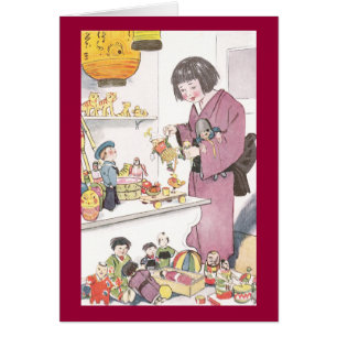 Cartão Menina e bonecas japonesas