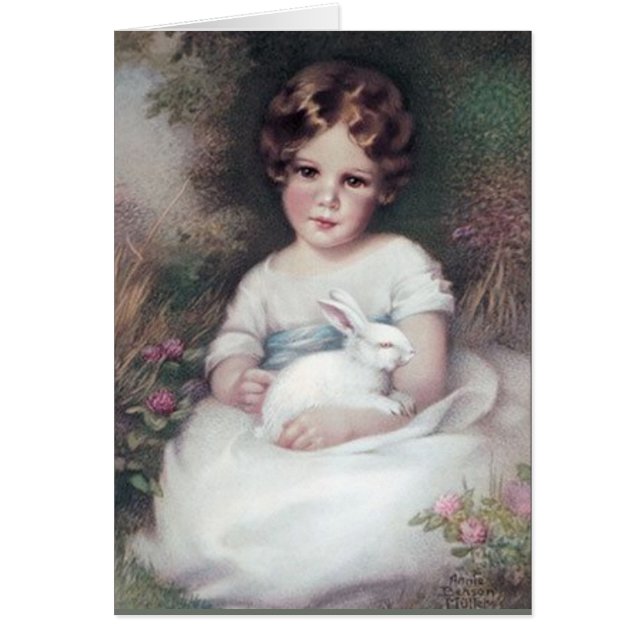 Cartão Menina e coelho, arte do vintage (Frente)