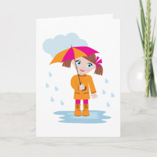 Cartão Menina em Casaco Laranja com Guarda-Chuva Rosa
