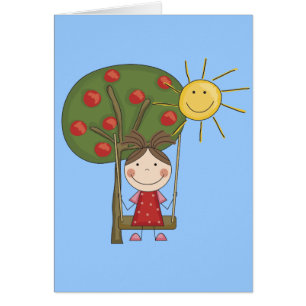 Cartão Menina em t-shirt e em presentes do balanço