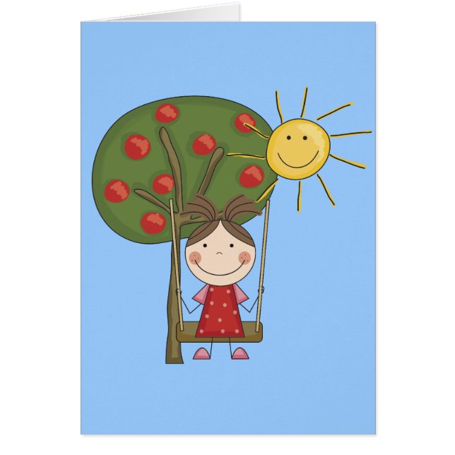 Cartão Menina em t-shirt e em presentes do balanço (Frente)