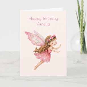 Cartão Menina Fada Fofo de Vestido Rosa Aniversário Capri
