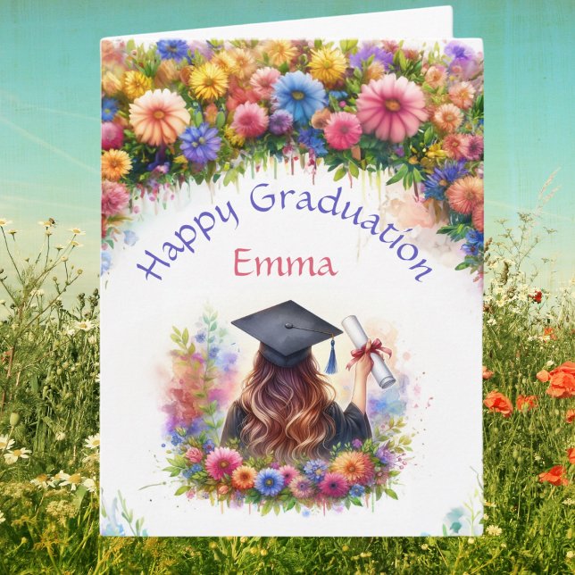 Cartão Menina Feliz de Formatura Com Flores Silvestres (Wildly blooming success: From cap to gown, a floral graduation tale!)