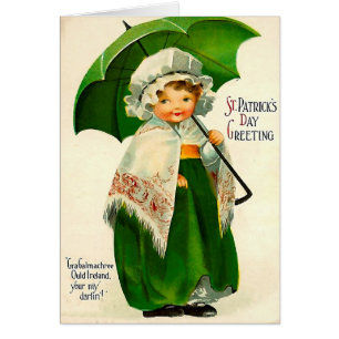 Cartão Menina irlandesa bonito com guarda-chuva verde