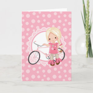 Cartão Menina Loira de Bicicleta - Rosa Branco