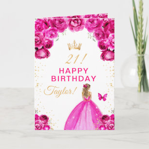 Cartão Menina Loira de Cabelo Floral Rosa Feliz Aniversár