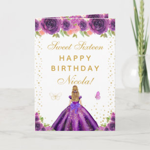 Cartão Menina Loira de Cabelo Floral Roxo Sweet Sixteen