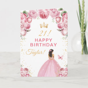 Cartão Menina Morena de Cabelo Floral Rosa Feliz Aniversá