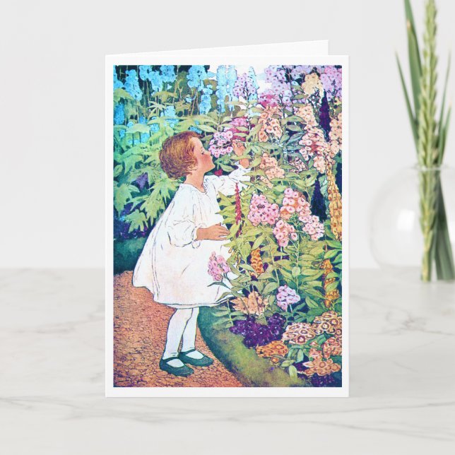 Cartão Menina no Jardim Flor, Jessie Willcox Smith (Frente)