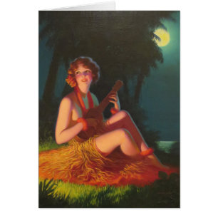 Cartão Menina no luar com Ukulele do banjo