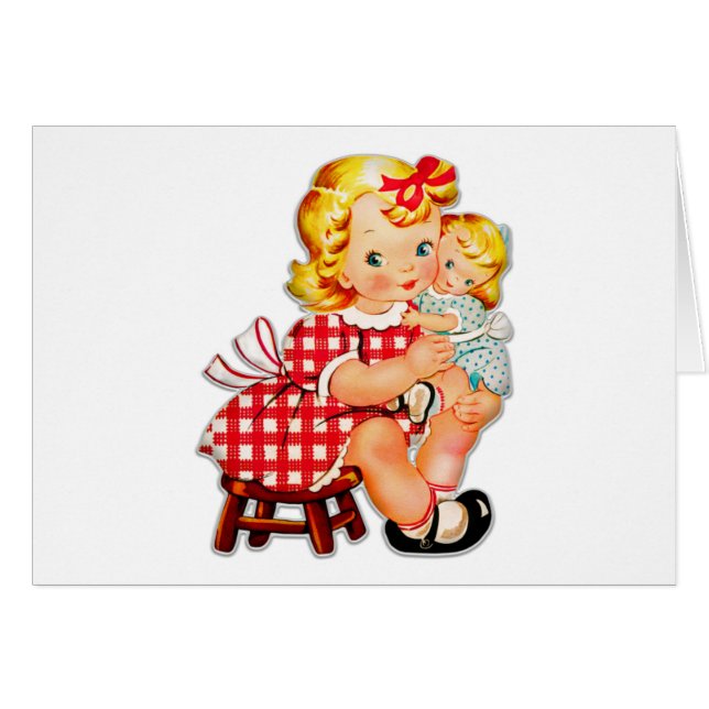 Cartão Menina retro vintage boneca criança (Frente Horizontal)