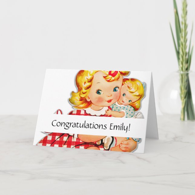 Cartão Menina retro vintage boneca criança (Frente)