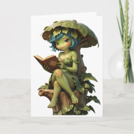 Cartão Menina Sapo Fofa Lendo Livro Sob Folha