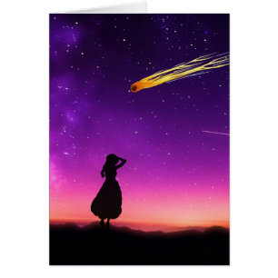 Cartão Menina Silhueta Observa Meteoro Cair na Terra