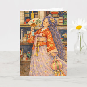 Cartão Menina Sonhadora Coreana com Hanbok, Leque e Norig