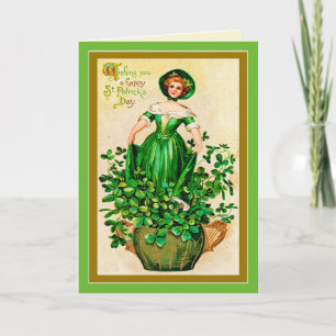 Cartão Menina Vintage Vestido Verde Trevos Dia de São Pat