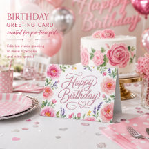 Meninas Feliz Aniversário Floral Rosa Prata