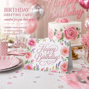 Cartão Meninas Feliz Aniversário Floral Rosa Prata