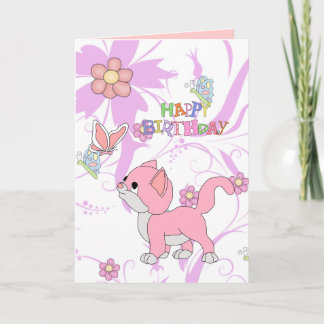 Cartão Meninas Feliz Aniversário Menina Gatinho Ga