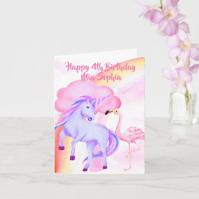 Cartão Meninas Flamingo Arco-íris Unicórnio 4º Aniversári (Orquídea)