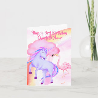 Cartão Meninas Unicórnio Arco-íris Flamingo 3º Aniversári
