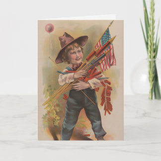 Cartão Menino com Fogos de Artifício, Bandeira Americana,