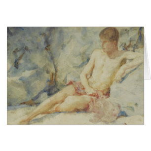 Cartão menino dos anos 20 contra a rocha por Tuke