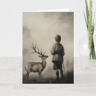 Cartão Menino e Veado Arte Impressa Vintage Paisagem Mal-