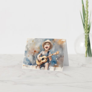 Cartão Menino Ilustração Aquarela de Guitarra em Branco 