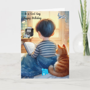Cartão Menino Lendo Livros com Aniversário do Gato