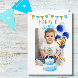 Cartão Menino Primeiro Aniversário Foto Azul Dourada Coca