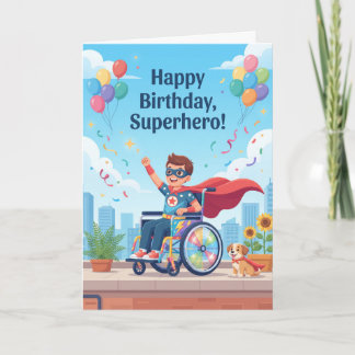 Cartão Menino Super-Herói em Cadeira de Rodas de Aniversá