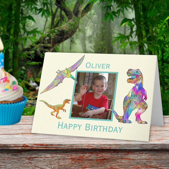 Cartão Meninos Aniversário Dinossauro Colorido T Rex Adic (Colorful Dinosaurs custom photo happy birthday greetings card with T-Rex velociraptor & pterodactyl)