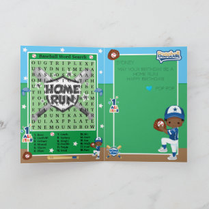 Cartão Meninos Brown Baseball Word Search Feliz Aniversár
