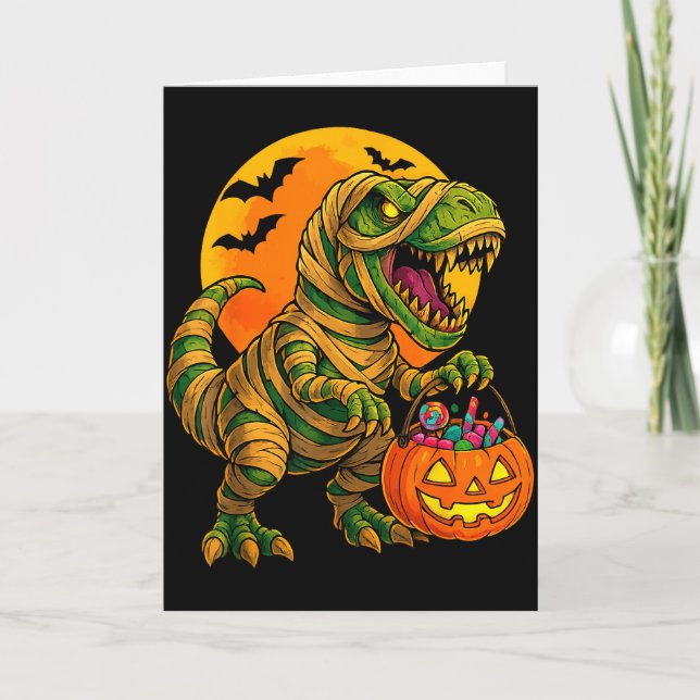 Cartão Meninos de Halloween Dinossauro Múmia T Rex E Abób (Frente)