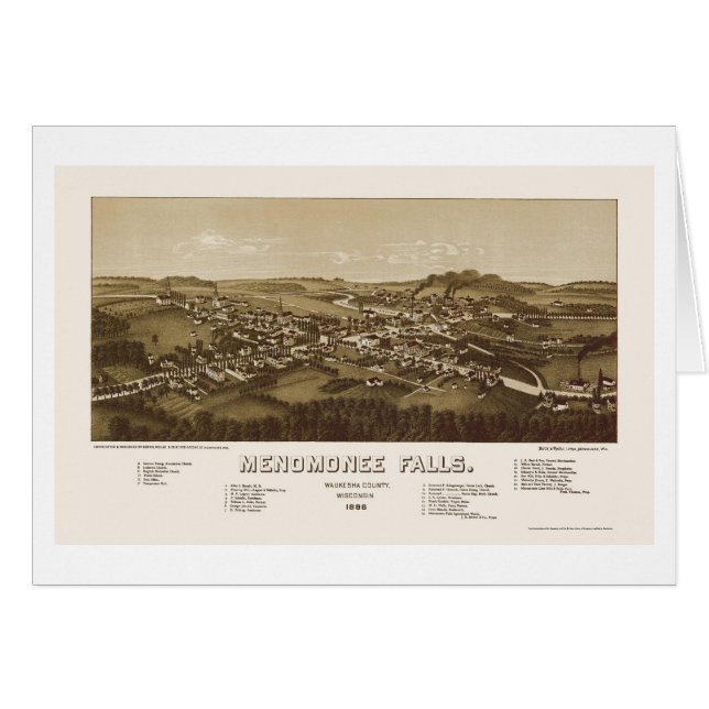 Cartão Menomonee Falls, mapa panorâmico dos WI - 1886 (Frente Horizontal)