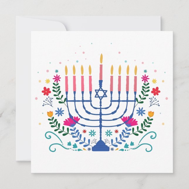 Cartão Menorá de Hanukkah com Velas e Item Tradicional (Frente)