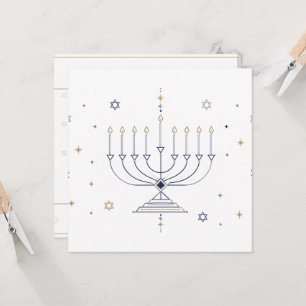 Cartão Menorá Geométrica Moderna Azul Prata Feliz Hanukka