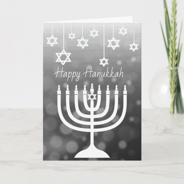 Cartão Menorá Preto e Branco Feliz Hanukkah (Frente)