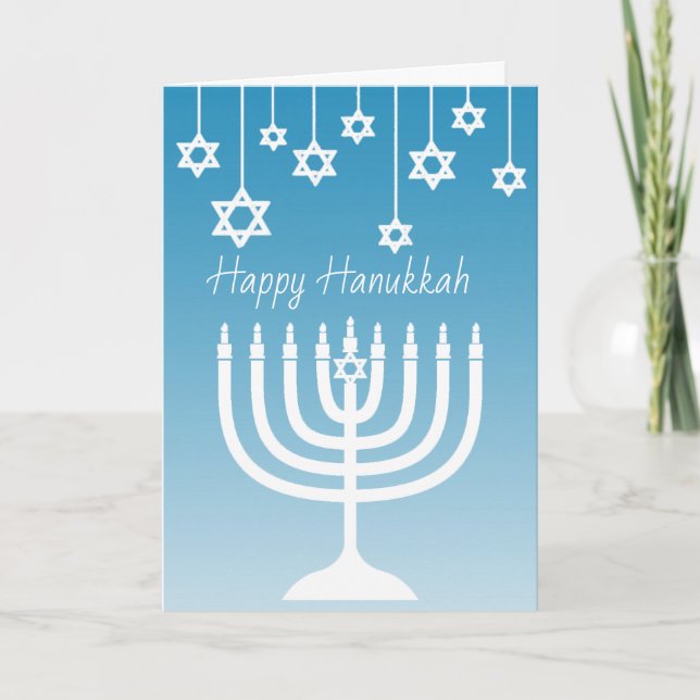 Cartão Menorah azul e branco Hanukkah feliz (Frente)
