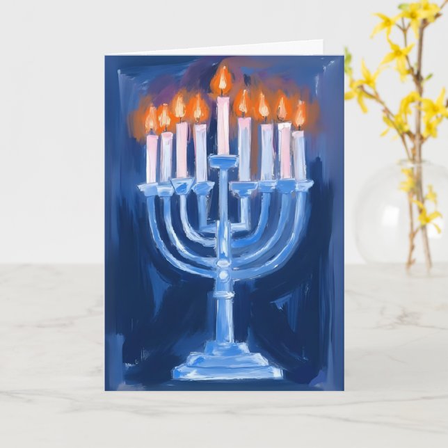 Cartão Menorah Azul Hanukkah (Flor Amarela)