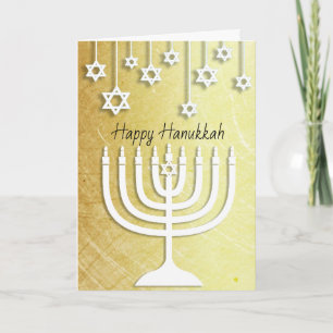 Cartão Menorah Dourado e branco Hanukkah feliz