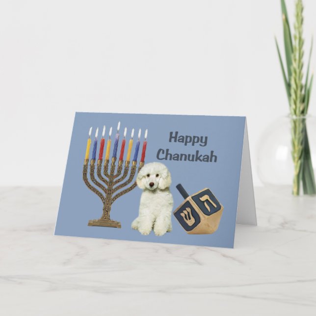 Cartão Menorah Dreidel de Chanukah da caniche (Frente)