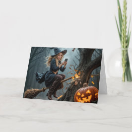 Cartão Mensagem de bruxa enquanto voava em uma vassoura