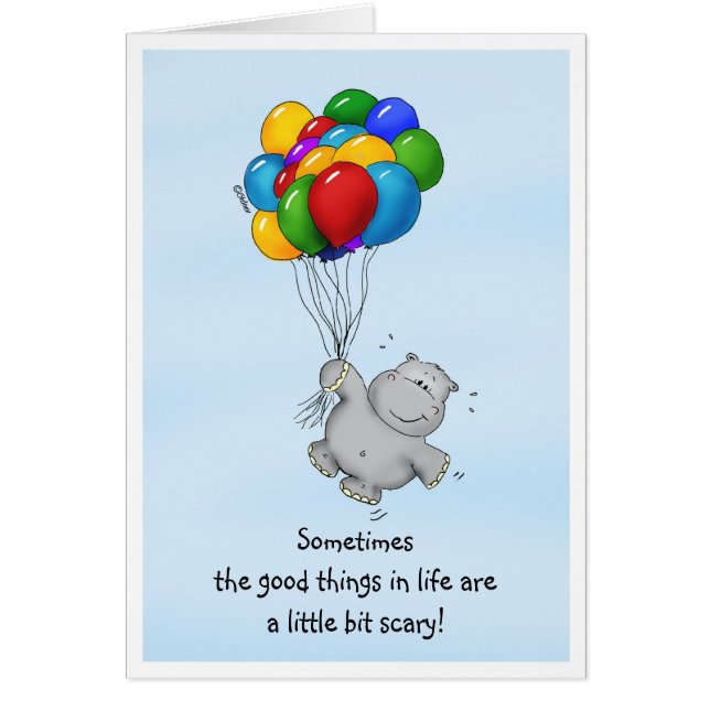 Cartão Mensagem encorajadora - hipopótamo com balões (Frente)