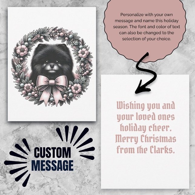 Cartão Mensagem Personalizada Cachorro Pinscher Preto Cor (Custom Message Black Pomeranian Vintage Wreath Card)